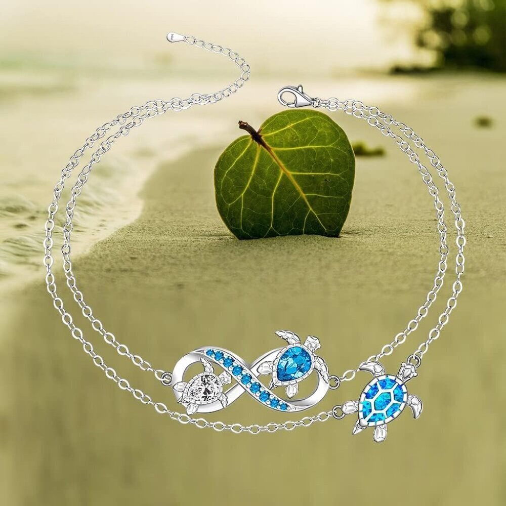 Sterling Silver Sea Turtle Anklet Blue Opal Beach Jewelry for Women - Picture 4 of 9